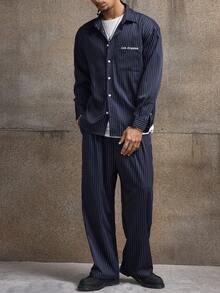 AXEPEAK 男士休闲通勤条纹衬衫和裤子套装 - 藍色 - 查看 6
