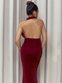 Criza Taa Damen Burgunderrot elegantes, sexy Partykleid, mit Metallfaden drapierter Ausschnitt, tief ausgeschnittenes figurbetontes Meerjungfrauenkleid für Silvester - Bordeaux - Übersicht 2
