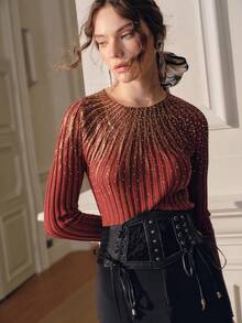 SHEIN Unity Women's Crew Neck Long Sleeve Ribbed Rhinestone Decor Elegant Knit Sweater,Brown And Gold,Autumn,Dinner Date,Chic Stylish For Fall Winter New Year - Burgundy - View 6