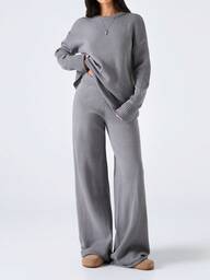 LYSMO Conjunto casual regular de mujer compuesto por suéter de cuello redondo de unicolor de manga larga y pantalones largos, para otoño/invierno