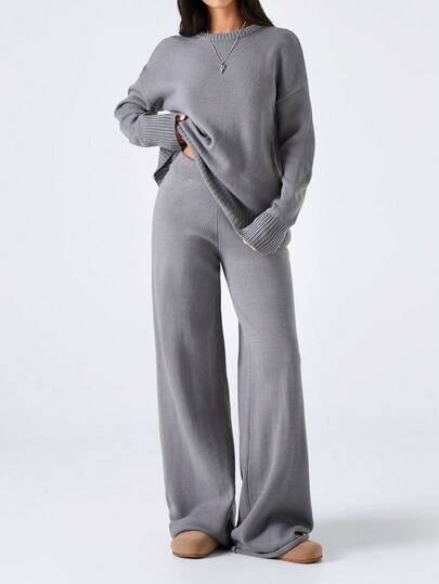 LYSMO Women Solid Color Round Neck Long Sleeve Sweater And Long Pants Casual Regular Outfit, Autumn/Winter