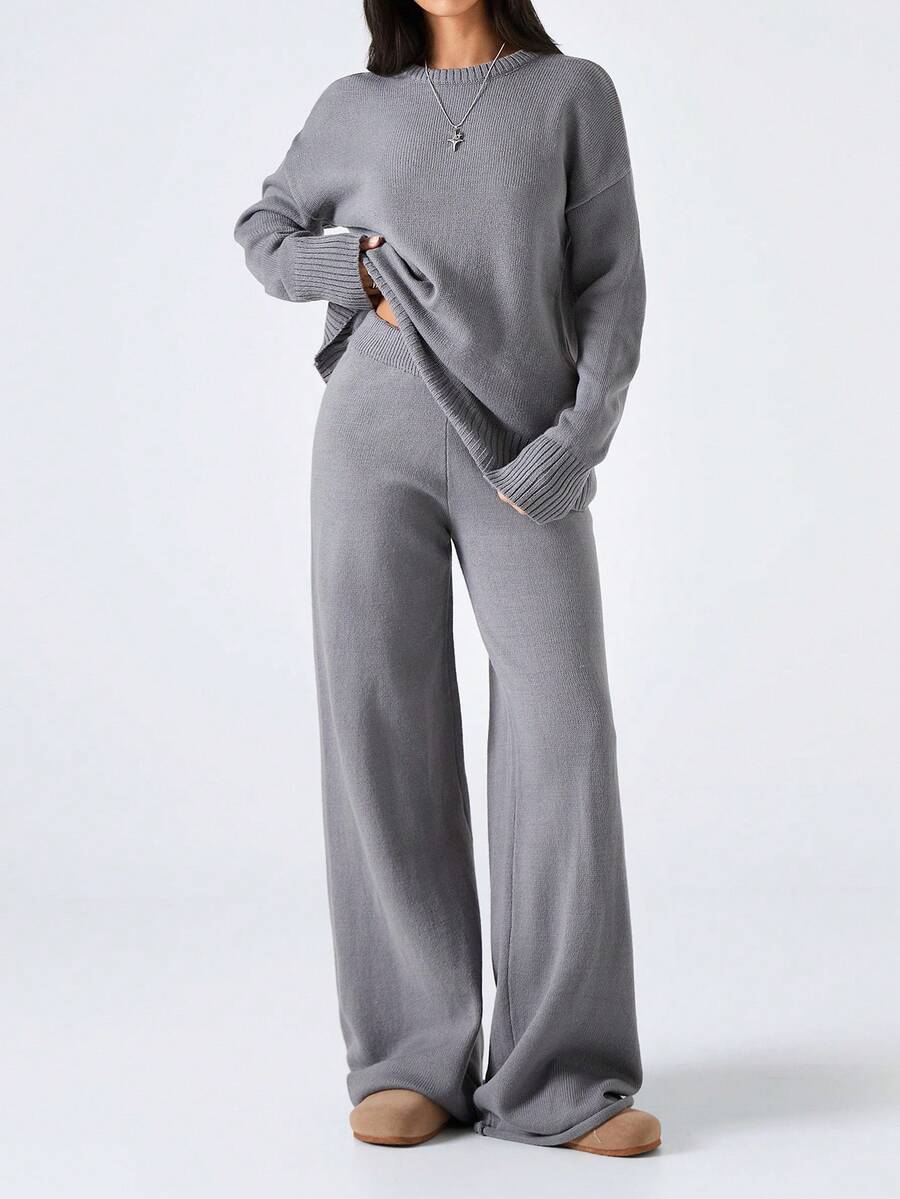 LYSMO 女士纯色圆领长袖毛衣和长裤休闲常规装，秋冬 - 灰色 - 查看 1