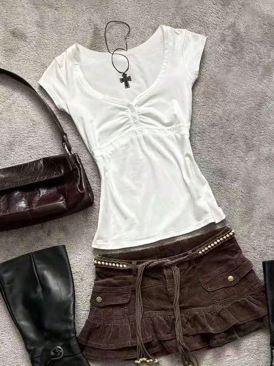 Glimmora 复古Y2K风格白色V领收腰T恤，短款修身性感上衣 - 白色 - 查看 1