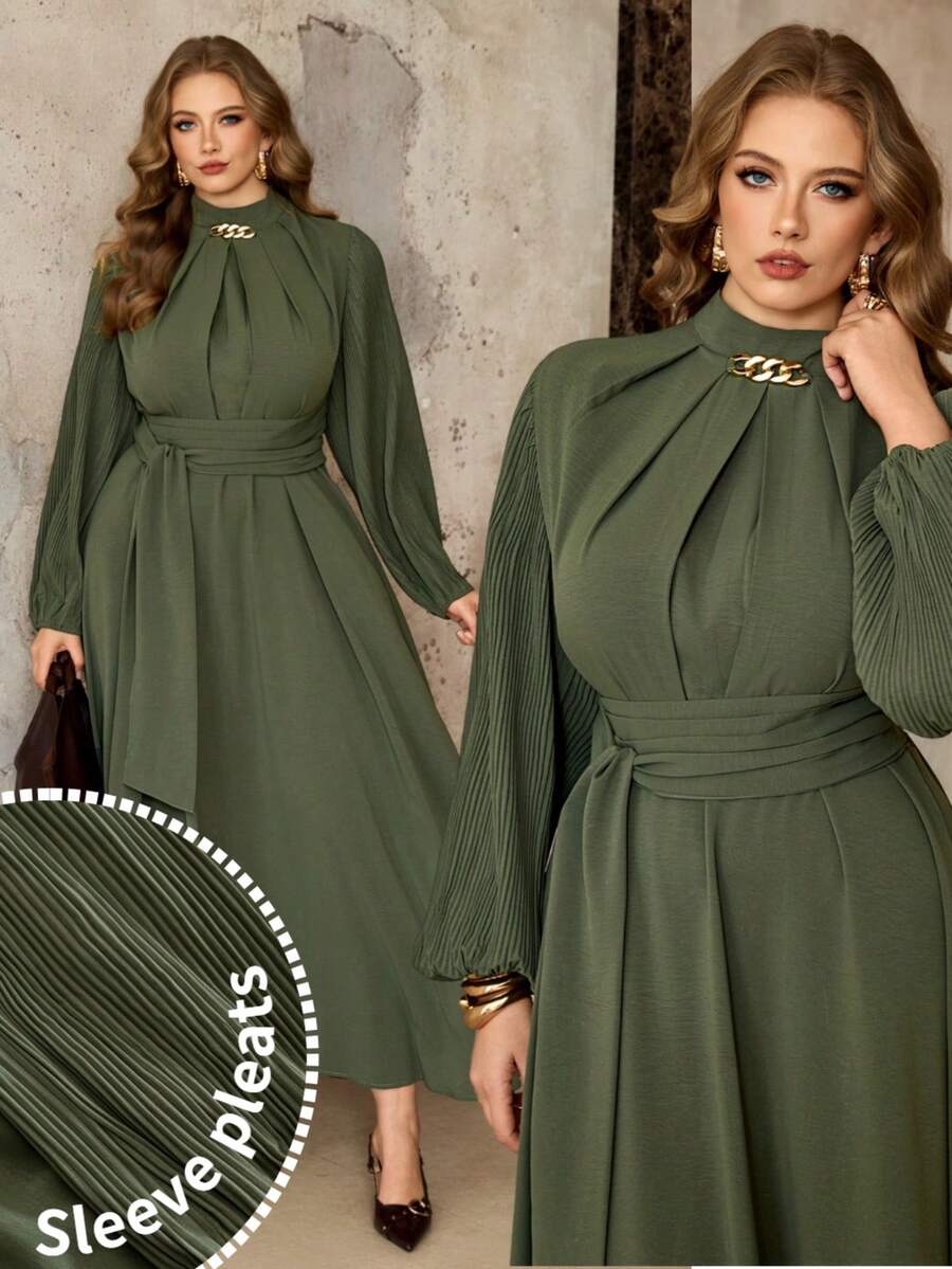 Roveilla 大码女装春秋冬法式浪漫西西里优雅休闲通勤度假下午茶派对纯色立领袖褶裥腰带松紧腰仿金属装饰长款连衣裙高领连衣裙女式橄榄绿连衣裙优雅长袖连衣裙橄榄绿连衣裙褶裥袖连衣裙腰带连衣裙长袖优雅连衣裙 - 軍綠色 - 查看 1