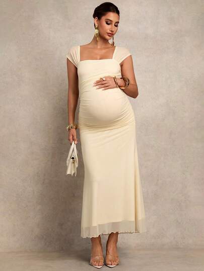 MaterniChic Pregnant Women's Solid Color Square Neck Ruched Fitted Fishtail Hem Elegant Dress Valentines Day Dress Elegant Dresses For Party