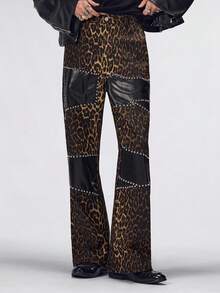 ROMWE MEN Street Life Men's Casual Fashion Street Leopard Print Patchwork Rivet Decor Flared Jeans - Brown - View 1
