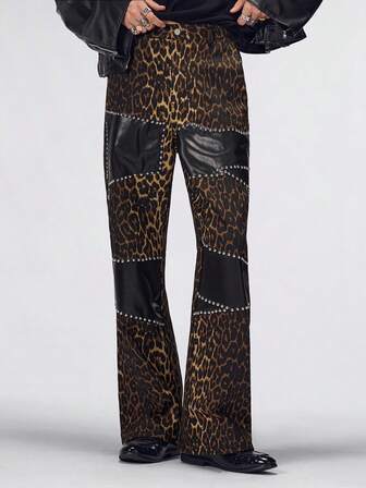 Street Life Herren Lässig Fashion Street Leoparden Muster Patchwork Nieten Dekor Schlagjeans