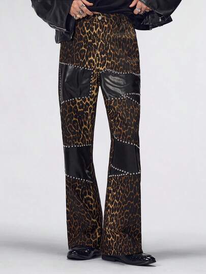 Street Life Herren Lässig Fashion Street Leoparden Muster Patchwork Nieten Dekor Schlagjeans
