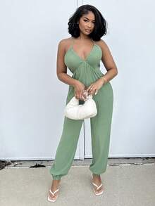 Alexandranx Women's Summer Halter Neck Backless Pocket Jumpsuit - Green - View 4