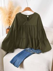 CosyJoli 大码休闲娃娃领喇叭A字宽松圆领衬衫 - 綠色 - 查看 2