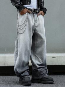 Manfinity EMRG 男士休闲宽松版型做旧弯腿喇叭深灰色牛仔裤