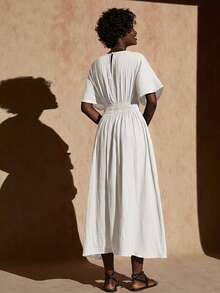 Green Printed Long Summer Of Shoulder Dress - White - View 2