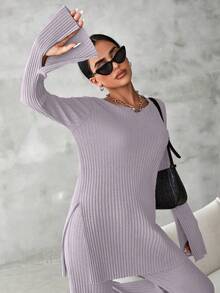 EURMUSE Cotton Solid Split Hem Tee & Flare Leg Pants - Lilac Purple - View 3