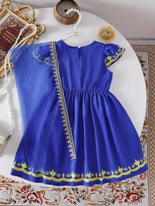 SHEIN 女婴优雅复古印花披肩领连衣裙，适合派对穿着 - 藍色 - 查看 2