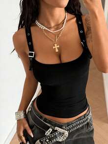 StreetHx 女士时尚百搭黑色搭扣方领吊带背心 - 黑色 - 查看 1