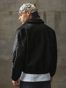 AXEPEAK 男士大码时尚刺绣夹克，秋季款 - 黑色 - 查看 6