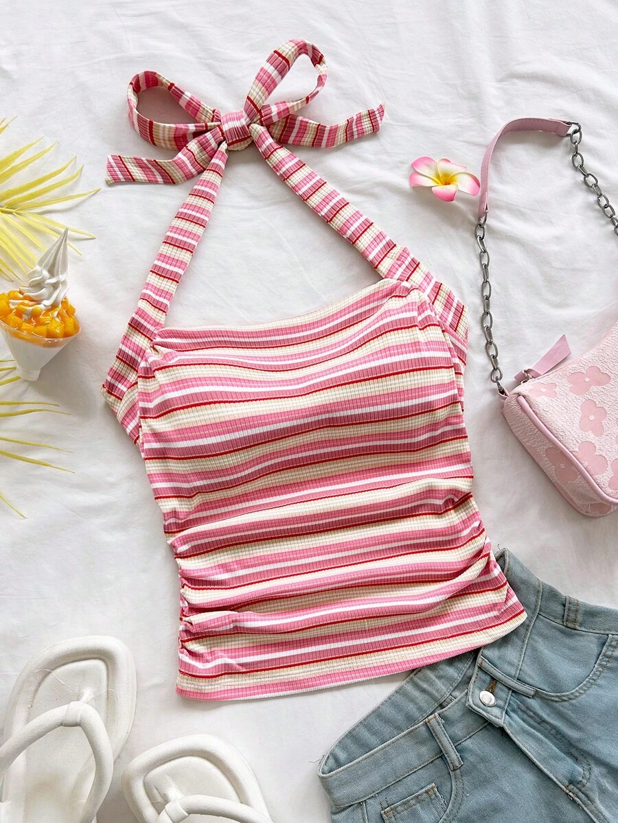 Soleia 夏季女士度假露背白色针织纹理修身上衣，春季女士情人节海滩装扮，适合女士生日外出穿着，优雅休闲度假风 - 粉色 - 查看 1