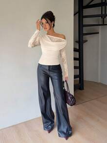 Siren Gaze Áo thun ôm dáng cổ ren mới cho nữ mùa Thu/Đông, kiểu dáng thanh lịch. - Màu be - Xem 4