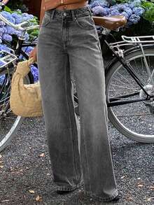 DAZY Jeans de pierna recta y cintura baja para mujer, estilo casual de calle y ciudad - Gris Oscuro - Ver 5