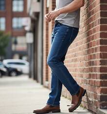 PANTALON PARA CABALLERO CORTE RECTO  TELA RIGIDA, COLOR AZUL MEZCLILLA OBSCURO CON RASGUÑO Y DESLAVADO - Azul lavado medio - Ver 2