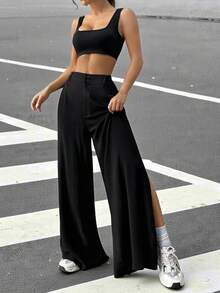 SHEIN EZwear 音樂節款式流蘇高開叉寬腿褲和無縫方領背心套裝 - 黑色 - 查看 6