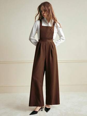 Écloséra 女士优雅复古提花纹理褶裥阔腿连体裤，秋冬款