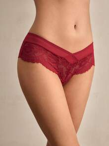 Charlaine Women's -French Burgundy Lace Briefs With Hollow Out Plant Pattern Details - Burgundy - View 4