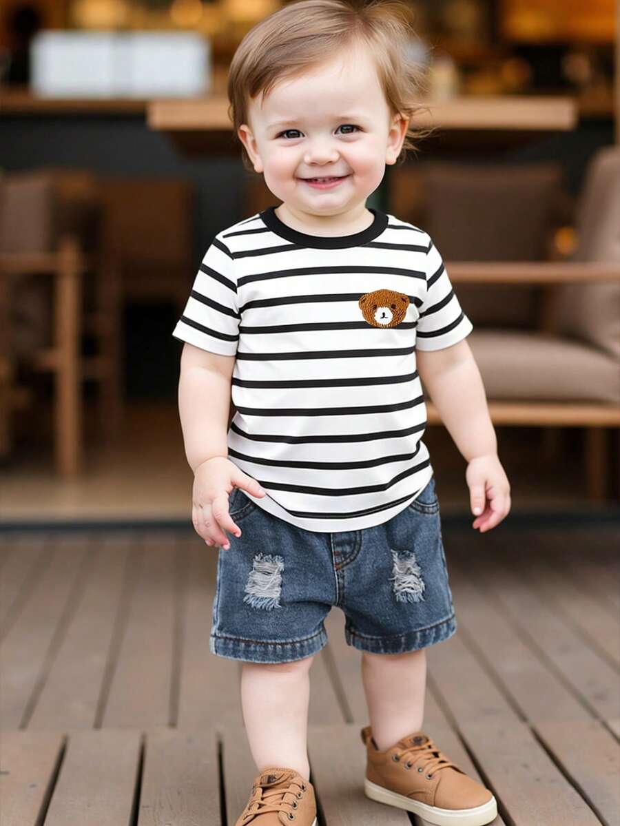 2pcs/Set Baby Boy Casual Striped Bear Print Short Sleeve T-Shirt And Distressed Denim Shorts Set, Suitable For Outings In Summer
