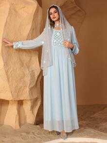Al Najma Spring/Summer Boat Neck Luxurious Beaded & Rhinestone Embellished Flared Dress, Slimming - Blue - View 7