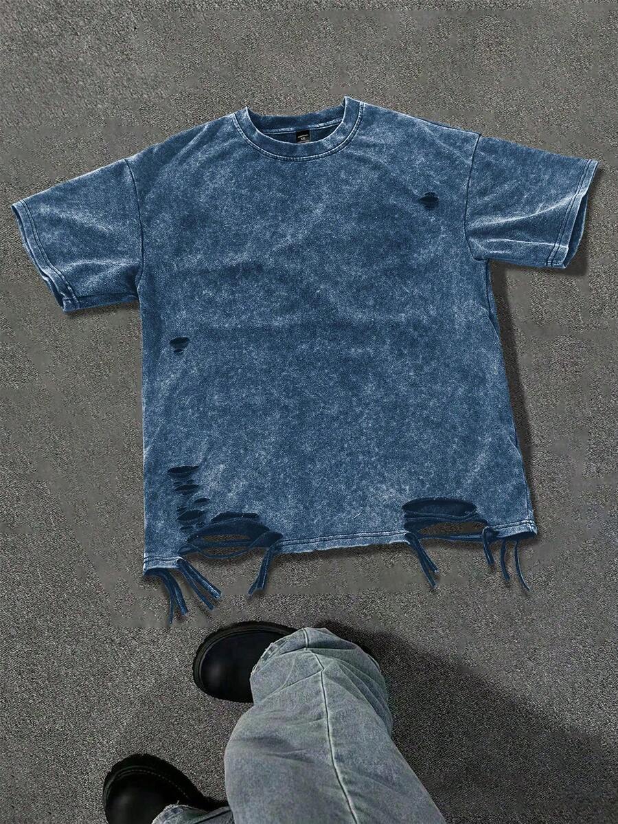 Manfinity EMRG Plus Size Men Vintage Short Sleeve Crew Neck Casual T-Shirt, Versatile For Summer - Blue - View 1