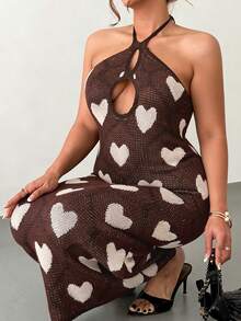 Roveilla Women's Casual Elegant Heart Pattern Sleeveless Hollow Out Backless Fitted Sweater Dress, Versatile For Daily Wear, Spring/Summer Sexy Curve Dress Knit Maxi Dress Hollow Out Dress Heart Dress Vacation Dresses Woman Curve Beach Dresses Curve Halter Neck Dress