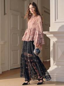 Savoree Spring Ruffled Collar Long Sleeve Loose Pink Blouse, Elegant Romantic Women Casual Outerwear Top - Pink - View 5