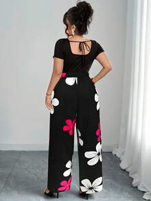 SHEIN Tall 大码女式印花方领短袖阔腿连体裤 - 黑色 - 查看 2