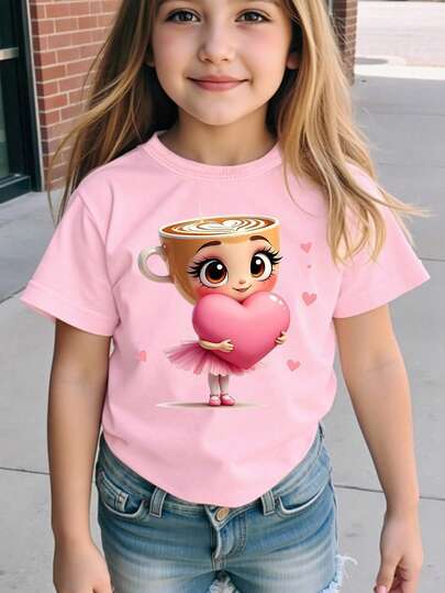 SHEIN Girls Casual Fashionable Creative Cartoon Cup, Ballerina Girl, Heart Graphic Print All-Match Short Sleeve T-Shirt, Versatile For All Seasons