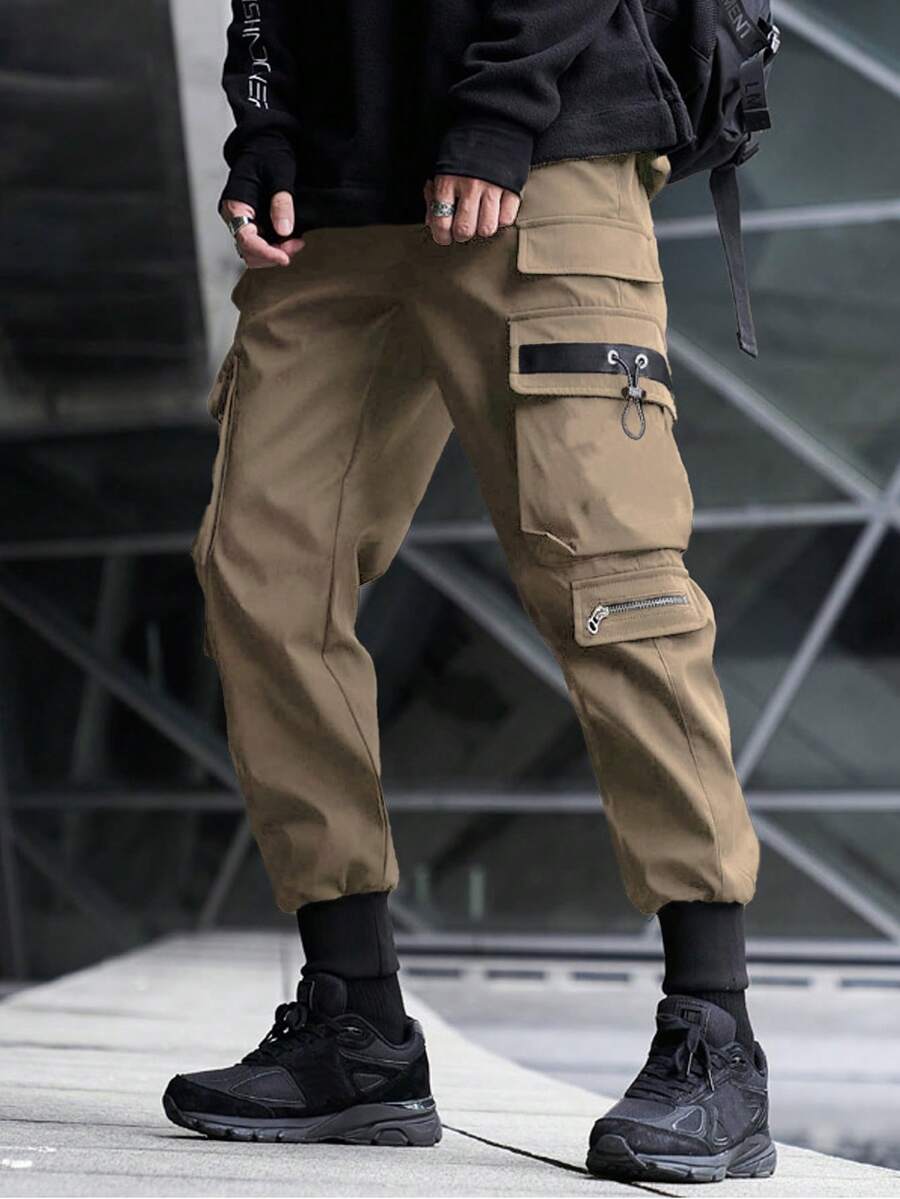 Manfinity Roghcode 男士休闲拉链慢跑裤，日常百搭 - 卡其色 - 查看 1