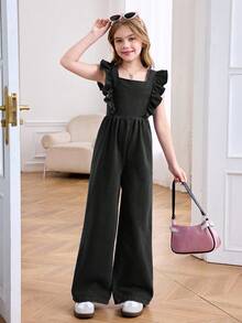 SHEIN Tween Girls Spring Summer Break Solid Washed Sleeveless Backless Openback Jumpsuit With Bowknot And Ruffle Trim,Casual Style And Casual Fit,Girls Summer Beach Boho Vacation Casual Outfits,Rave Concert Festival Outfits - Black - View 6
