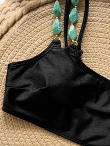 Swim Chiccia Fashionable Sexy Bestselling Accessory Design Solid Color Beach Wear Swimsuit Top - Black - View 8