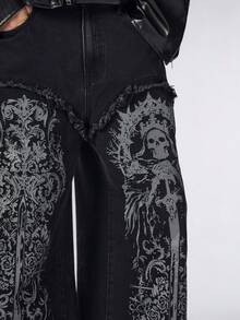 ROMWE MEN Goth 男士深色骷髅印花口袋休闲直筒牛仔裤 - 黑色 - 查看 2