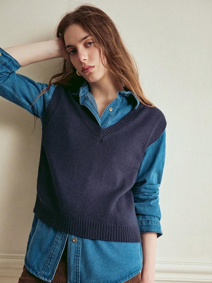 Écloséra Casual Versatile Solid Color Knit Vest - Royal Blue - View 1