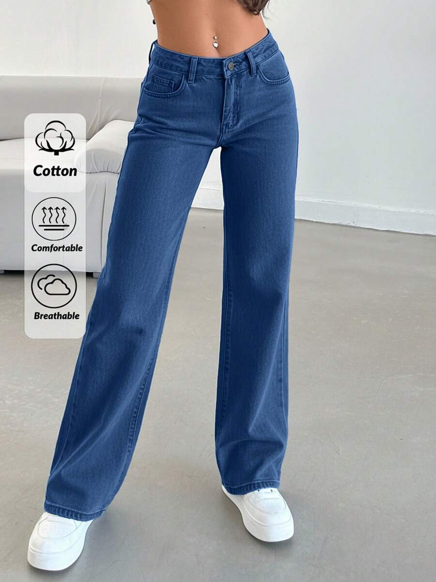 SHEIN Tall 100%纯棉低腰黑色直筒长裤 - 中等水洗藍 - 查看 1