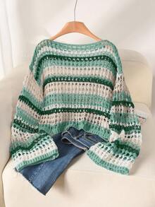 CosyJoli 大码休闲蓝白条纹镂空船领宽松短款长袖毛衣女士绿色毛衣套头衫针织上衣钩针上衣夏季女式毛衣秋冬 - 綠色 - 查看 2