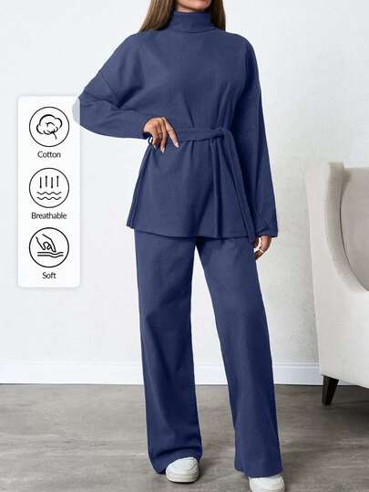 SHEIN Tall 100% Cotton Solid Color Turtleneck Casual Sweater 2pcs/Set