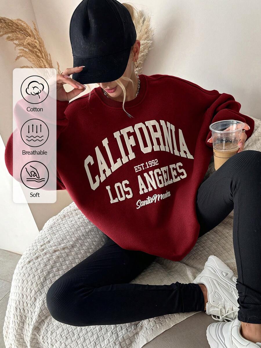 EURMUSE Cotton Letter Pattern Drop Shoulder Sweatshirt - Burgundy - View 1