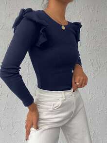 EURMUSE 95% Cotton Ribbed Knit Ruffle Trim Tee - Navy Blue - View 3