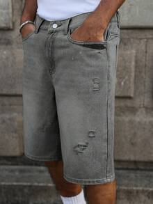 Manfinity EMRG Men's Light Blue Washed Vintage Distressed Loose Casual Denim Shorts - Light Grey - View 9