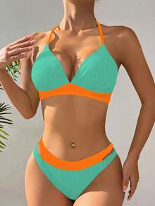 Swim Vcay Summer Beach Color Block Triangle Bikini Set - Mint Green - View 1