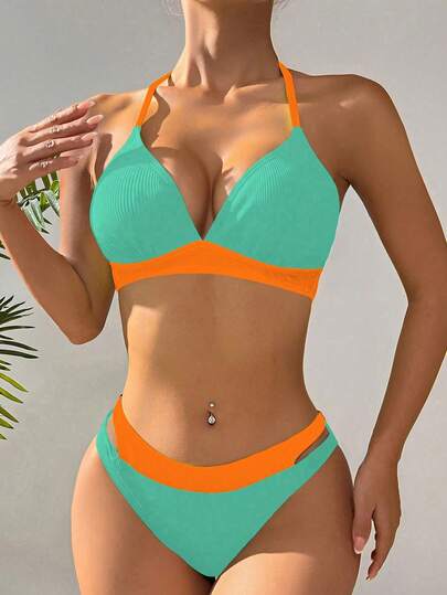 Swim Vcay Summer Beach Color Block Triangle Bikini Set