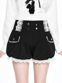 ROMWE Kawaii 可爱蕾丝拼接女式灯笼短裤 - 黑色 - 查看 1