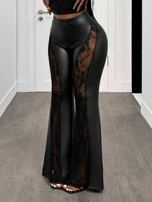 SHEIN BamGlam Damen neue sexy PU-Leder Patchwork Spitze transparente Hose mit hoher Taille, weite Beine, lange Hose, modisch und sexy - Schwarz - Übersicht 1