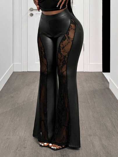 SHEIN BamGlam Pantalones anchos de mujer nuevos y sexys de piel de imitación con parches de encaje transparente de cintura alta, pantalones largos, pantalones de moda y sexys